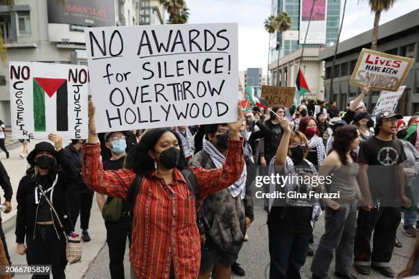 Los Angeles, CA Protester demand an immediate and permanent ceasefire and an end to the blockade of Gaza and the occupation of Palestine in Oscar...
