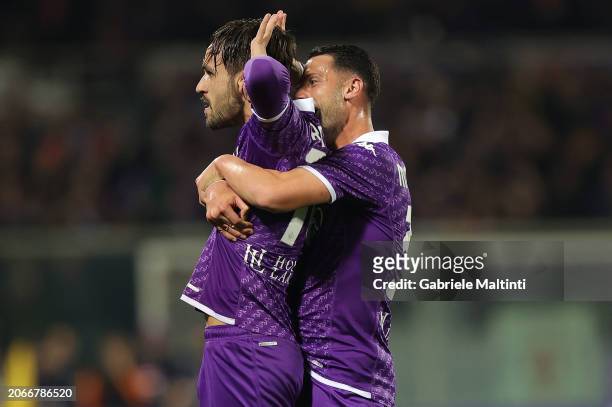 Luca Ranieri of ACF Fiorentina celebrates after scoring a goal during the Serie A TIM match between ACF Fiorentina and AS Roma - Serie A TIM at...
