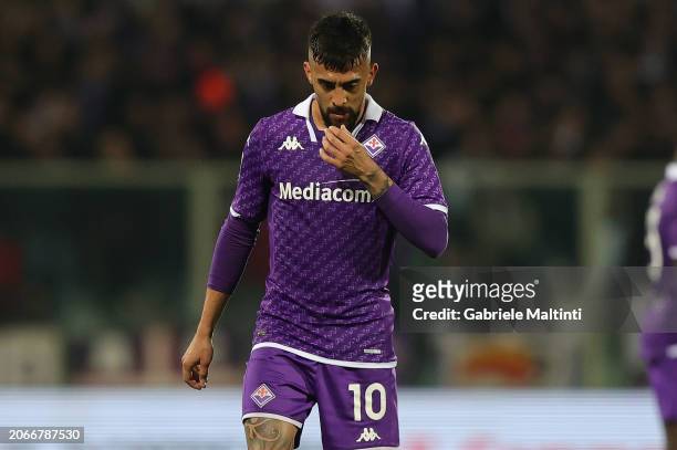Nicolás Iván González of ACF Fiorentina reacts during the Serie A TIM match between ACF Fiorentina and AS Roma - Serie A TIM at Stadio Artemio...