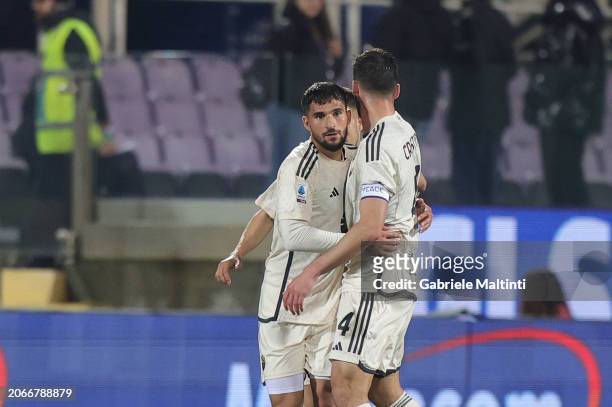 Hoiussem Aouar of AS Roma celebrates after scoring a goal during the Serie A TIM match between ACF Fiorentina and AS Roma - Serie A TIM at Stadio...