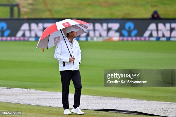 Umpire Chris Brown looks on prior to day four of the Second Test in the series between New Zealand and Australia at Hagley Oval on March 11, 2024 in...