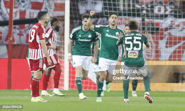 Tassos Bakasetas of Panathinaikos celebrates after scoring a equaliser goal during the SuperLeague regular season soccer match Olympiacos FC vs...