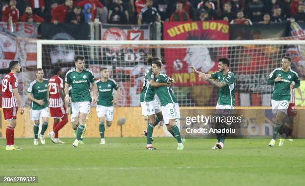 Tassos Bakasetas of Panathinaikos celebrates after scoring a equaliser goal during the SuperLeague regular season soccer match Olympiacos FC vs...