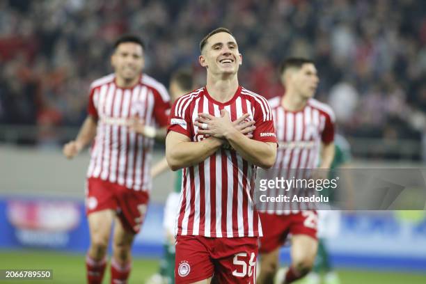 Daniel Podence of Olympiacos celebrates after scoring a goal during the SuperLeague regular season soccer match Olympiacos FC vs Panathinaikos FC...