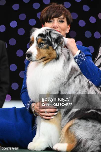 Winner of Best in Show, the Australian Shepherd, "Viking" with handler Melanie Raymond pose for photographs at the trophy presentation for the Best...