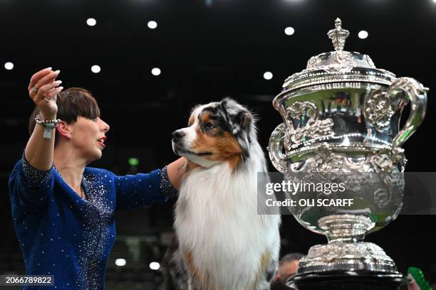 Winner of Best in Show, the Australian Shepherd, "Viking" with handler Melanie Raymond pose for photographs at the trophy presentation for the Best...