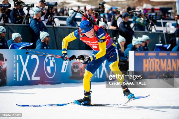 Sweden's Sebastian Samuelsson skis after shooting during the men's 12.5-km pursuit of the IBU Biathlon World Cup at the Soldier Hollow Nordic Center...
