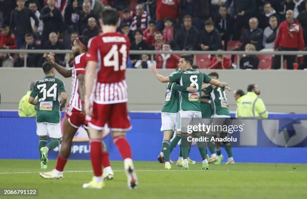 Players of Panathinaikos FC celebrate after Fotis Ioannidis scores 1-3 during the SuperLeague regular season soccer match Olympiacos FC vs...