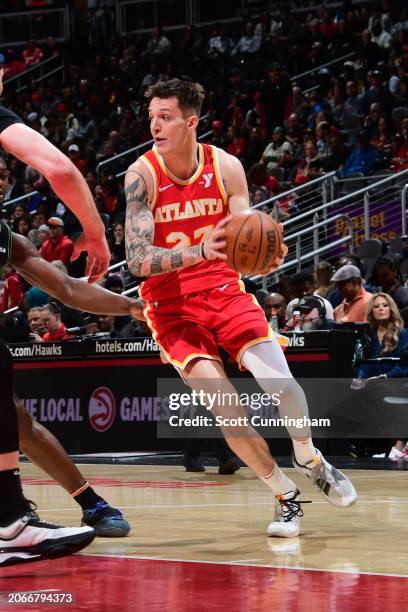 Vit Krejci of the Atlanta Hawks looks to pass the ball during the game against the New Orleans Pelicans on March 10, 2024 at State Farm Arena in...