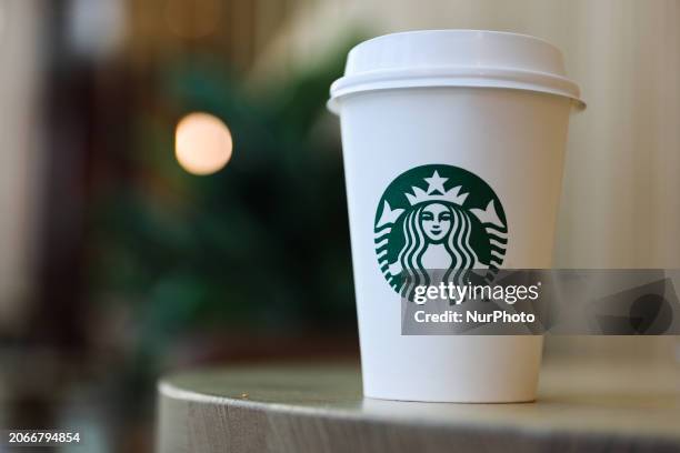 Starbucks Coffee cup is seen in this illustration photo taken at the cafe in Manama, Bahrain on March 5, 2024.