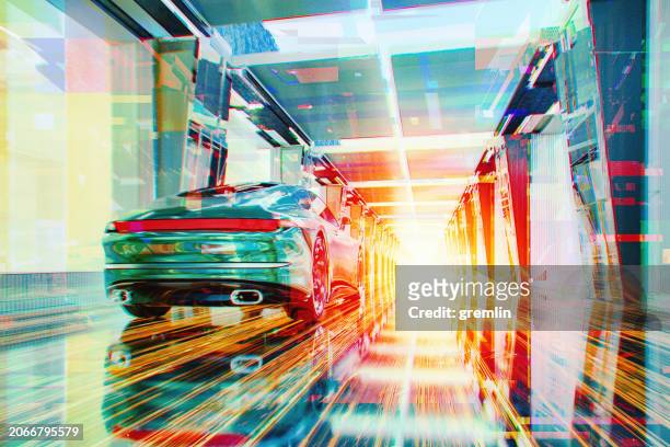speeding sports car in futuristic city corridor - car racing video game stock pictures, royalty-free photos & images