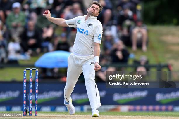 Tim Southee of New Zealand bowls during day four of the Second Test in the series between New Zealand and Australia at Hagley Oval on March 11, 2024...