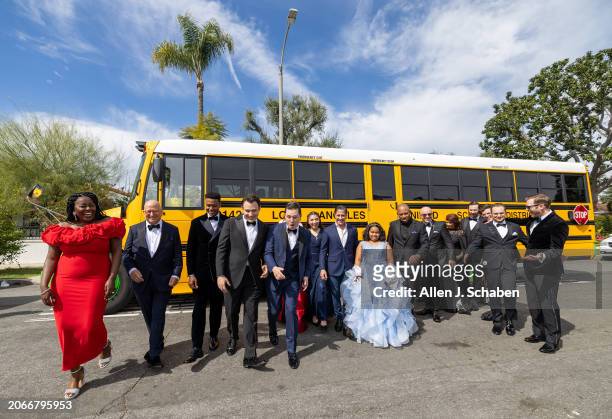 North Hollywood, CA Film participants and film makers take a photo before riding a LAUSD school bus to the Oscars Sunday, March 10,2024. The students...