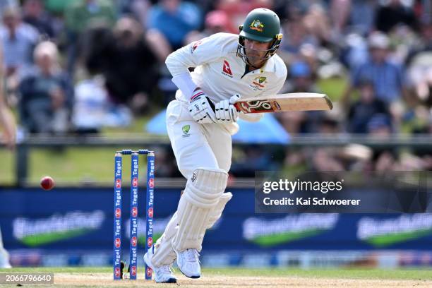 Alex Carey of Australia bats during day four of the Second Test in the series between New Zealand and Australia at Hagley Oval on March 11, 2024 in...