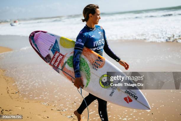 Sally Fitzgibbons of Australia prior to surfing in Heat 4 of the Round of 16 at the MEO Rip Curl Pro Portugal on March 10, 2024 at Peniche, Leiria,...