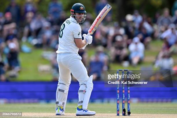 Mitchell Marsh of Australia reacts during day four of the Second Test in the series between New Zealand and Australia at Hagley Oval on March 11,...