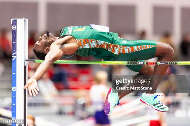 Miami high jumper Kennedy Sauder clears height during the 2024 Division I Men's and Women's Indoor Track and Field Championship at the Track at new...