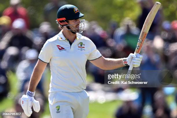 Mitchell Marsh of Australia celebrates his half century during day four of the Second Test in the series between New Zealand and Australia at Hagley...