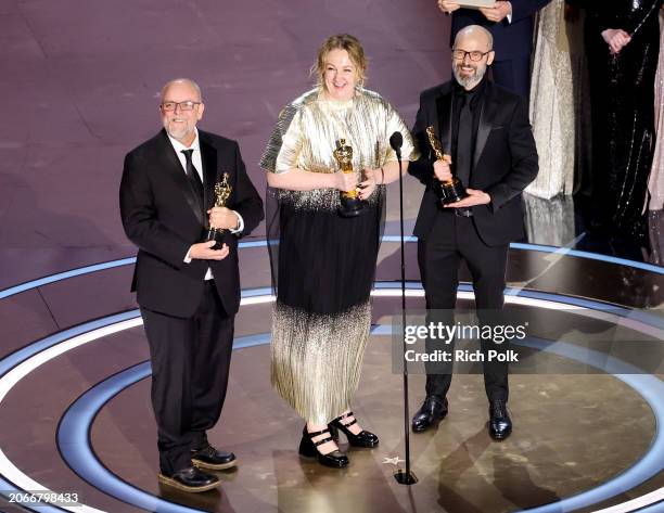 Mark Coulier, Nadia Stacey, and Josh Weston accept the Best Makeup and Hairstyling award for "Poor Things" at the 96th Annual Oscars held at Dolby...