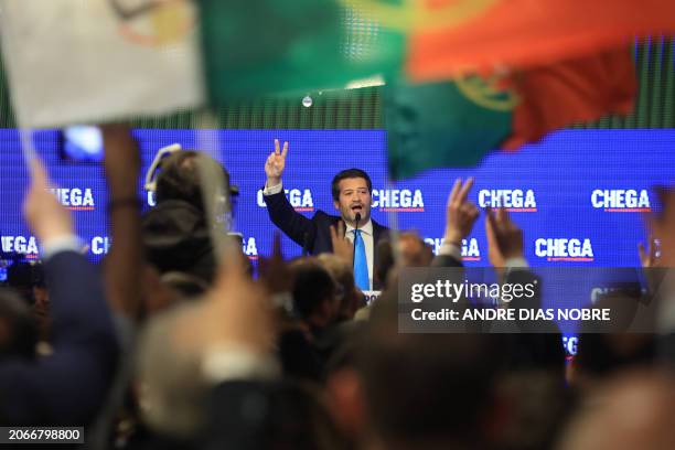 Leader Andre Ventura addresses supporters at Marriot Hotel, where the party holds the election night event, in Lisbon on March 10, 2024. Portugal's...