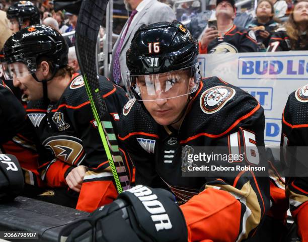 Ryan Strome of the Anaheim Ducks looks on prior to the game against the New York Islanders at Honda Center on March 10, 2024 in Anaheim, California.