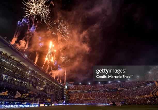 Fans of Boca Juniors cheer for their team prior a Copa de la Liga 2024 group B match between Boca Juniors and Racing Club at Estadio Alberto J....