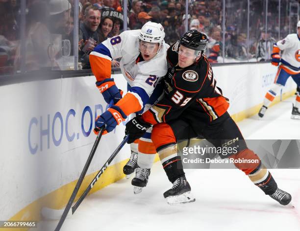 Alexander Romanov of the New York Islanders and Ben Meyers of the Anaheim Ducks during the first period at Honda Center on March 10, 2024 in Anaheim,...