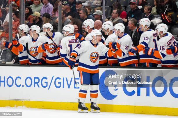 Casey Cizikas of the New York Islanders celebrates his goal with teammates during the first period against the Anaheim Ducks at Honda Center on March...