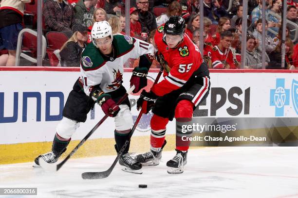 Dylan Guenther of the Arizona Coyotes and Kevin Korchinski of the Chicago Blackhawks chase the puck in the third period at the United Center on March...