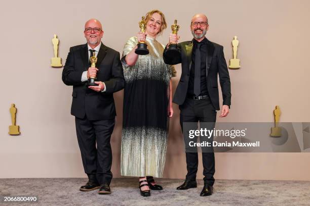 Hollywood, CA Mark Coulier, Nadia Stacey, and Josh Weston, winners of the Best Makeup and Hairstyling award for "Poor Things," in the deadline room...