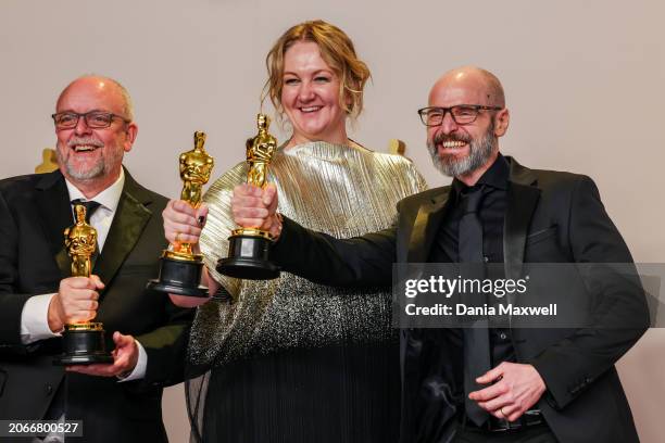 Hollywood, CA Mark Coulier, Nadia Stacey, and Josh Weston, winners of the Best Makeup and Hairstyling award for "Poor Things," in the deadline room...