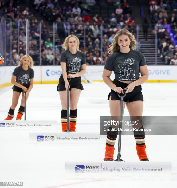 Anaheim Ducks Power Players skate on the ice during the first period against the New York Islanders at Honda Center on March 10, 2024 in Anaheim,...