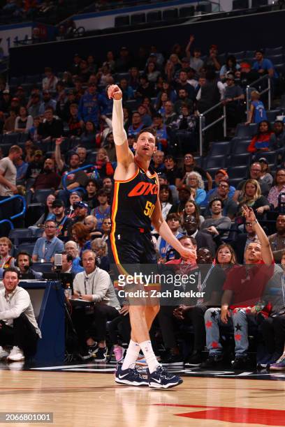 Mike Muscala of the Oklahoma City Thunder looks on during the game against the Memphis Grizzlies on March 10, 2024 at Paycom Arena in Oklahoma City,...
