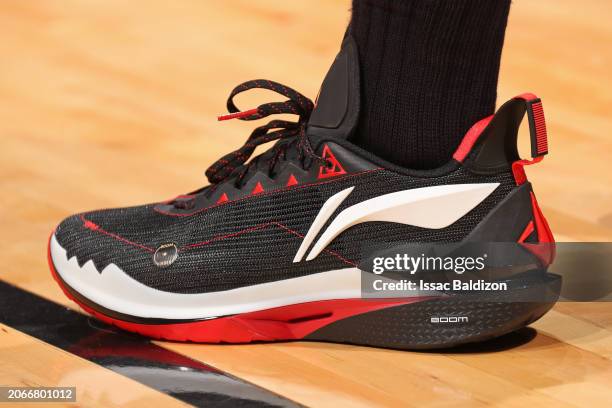 The sneakers worn by Jimmy Butler of the Miami Heat during the game against the Washington Wizards on March 10, 2024 at Kaseya Center in Miami,...