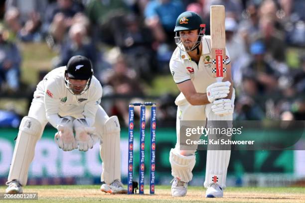 Mitchell Marsh of Australia bats during day four of the Second Test in the series between New Zealand and Australia at Hagley Oval on March 11, 2024...