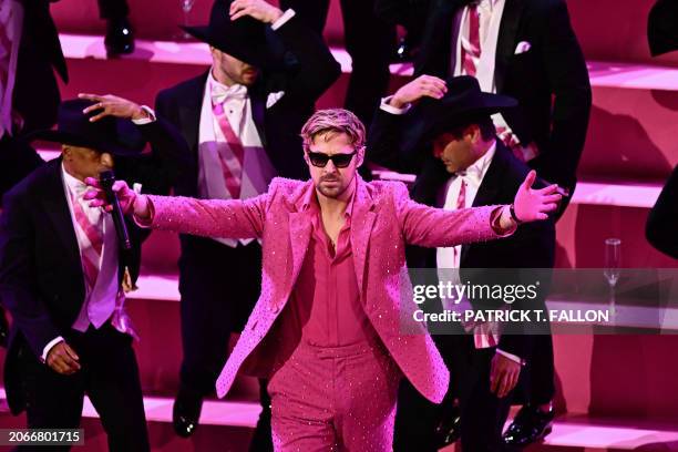 Canadian actor Ryan Gosling performs "I'm Just Ken" from "Barbie" onstage during the 96th Annual Academy Awards at the Dolby Theatre in Hollywood,...