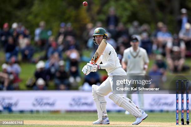 Alex Carey of Australia bats during day four of the Second Test in the series between New Zealand and Australia at Hagley Oval on March 11, 2024 in...
