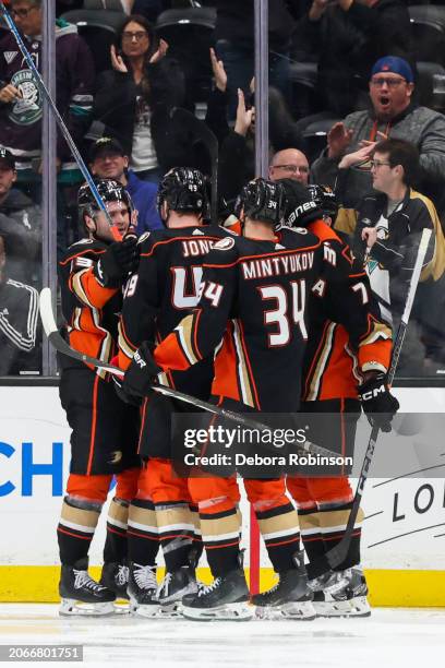 Alex Killorn of the Anaheim Ducks celebrates his goal with teammates during the second period against the New York Islanders at Honda Center on March...