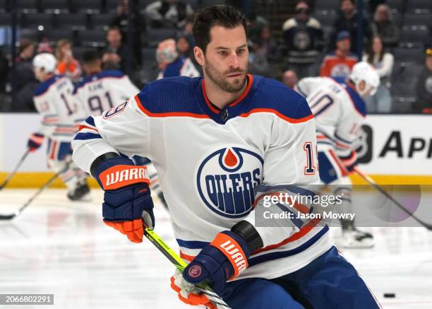 Adam Henrique of the Edmonton Oilers warms up prior to a game against the Columbus Blue Jackets at Nationwide Arena on March 07, 2024 in Columbus,...