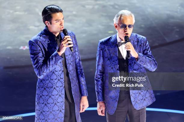 Matteo Bocelli and Andrea Bocelli perform onstage at the 96th Annual Oscars held at Dolby Theatre on March 10, 2024 in Los Angeles, California.