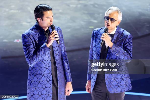 Matteo Bocelli and Andrea Bocelli perform onstage at the 96th Annual Oscars held at Dolby Theatre on March 10, 2024 in Los Angeles, California.
