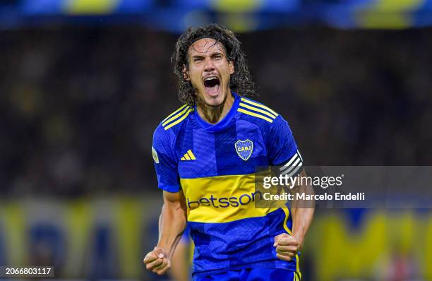 Edinson Cavani of Boca Juniors celebrates after scoring the team's third goal during a Copa de la Liga 2024 group B match between Boca Juniors and...