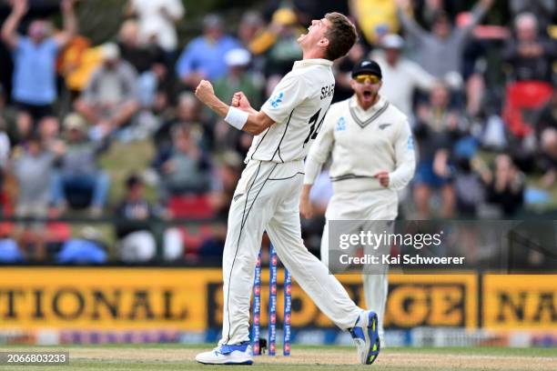 Ben Sears of New Zealand celebrates after dismissing Mitchell Starc of Australia during day four of the Second Test in the series between New Zealand...