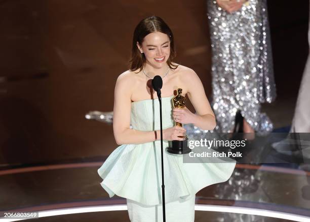 Emma Stone accepts the Lead Actress award for "Poor Things" onstage at the 96th Annual Oscars held at Dolby Theatre on March 10, 2024 in Los Angeles,...
