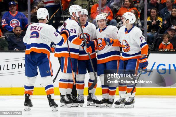 Bo Horvat of the New York Islanders celebrates his goal with teammates during the third period against the Anaheim Ducks at Honda Center on March 10,...