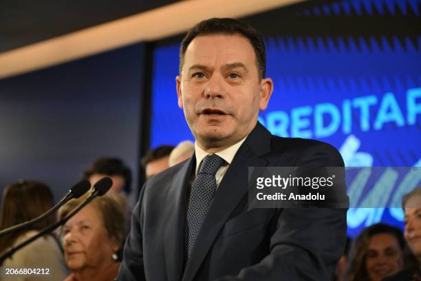 Portugal's Social Democratic Party and Democratic Alliance leader Luis Montenegro speaks following the result of a general election in Lisbon,...