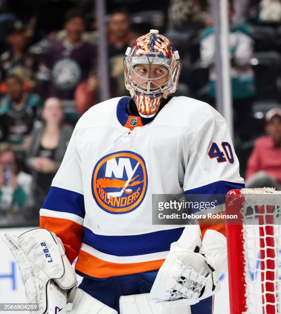 Semyon Varlamov of the New York Islanders looks on during the third period against the Anaheim Ducks at Honda Center on March 10, 2024 in Anaheim,...