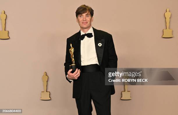 Irish actor Cillian Murphy poses in the press room with the Oscar for Best Actor in a Leading Role for "Oppenheimer" during the 96th Annual Academy...