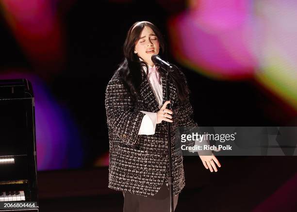 Billie Eilish performs onstage at the 96th Annual Oscars held at Dolby Theatre on March 10, 2024 in Los Angeles, California.