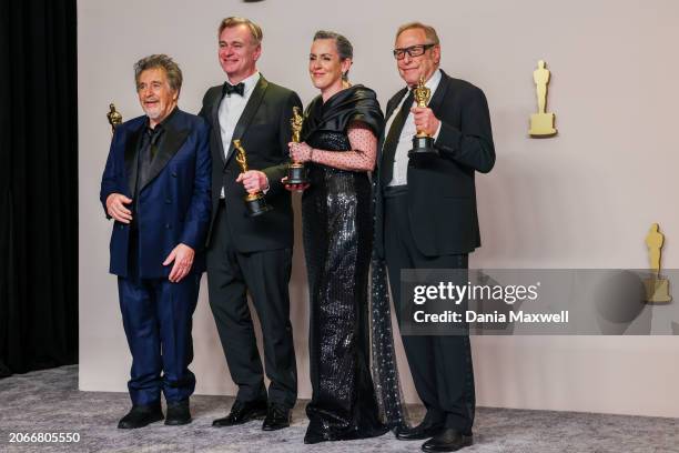 Hollywood, CA Actor Al Pacino, Christopher Nolan, producer Emma Thomas and producer Charles Roven with the Oscar for Best Picture for "Oppenheimer"...